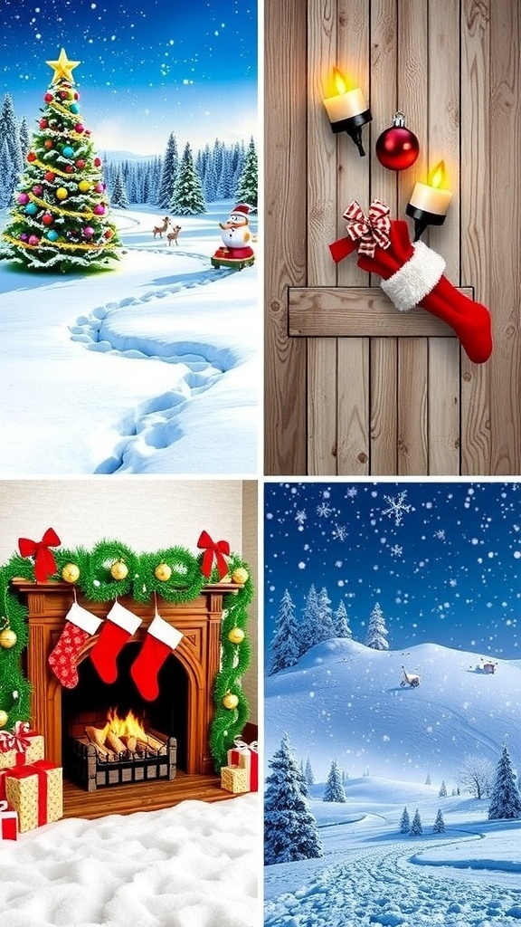 Christmas Themed Matching Wallpapers for Four Devices Four matching Christmas wallpapers featuring a snowy landscape, colorful ornaments, a cozy fireplace, and a winter wonderland scene.